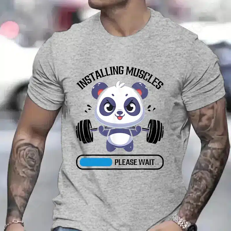 hall meeste T-särk pandaga, millel on tekst installing muscles