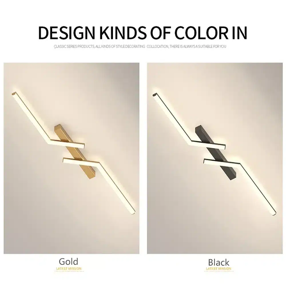 kaks kaasaegset LED laevalgustit, üks kuldne ja teine must, minimalistliku disainiga