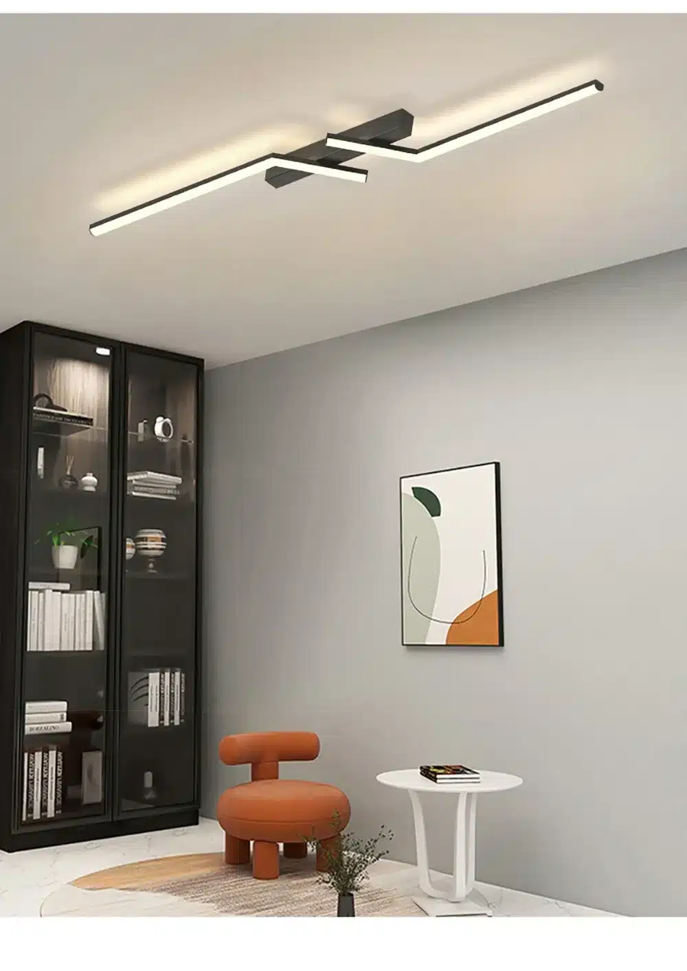 kaasaegne must ja valge LED laevalgusti minimalistlikus elutoas