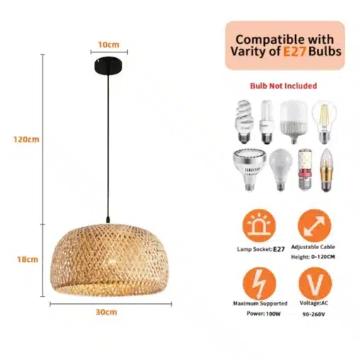 bambusest ripplamp musta juhtmega, sobib erinevatele E27 pirnidele