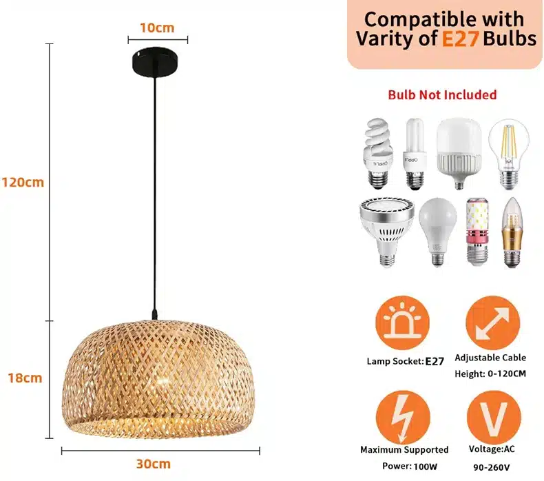 bambusest ripplamp musta juhtmega, sobib erinevate E27 pirnidega