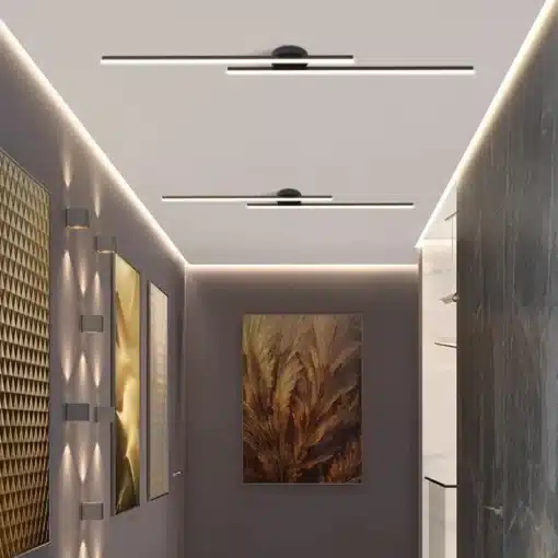 kahe minimalistliku led valgustiga koridor, millel on tumedad seinad ja kunstiteosed