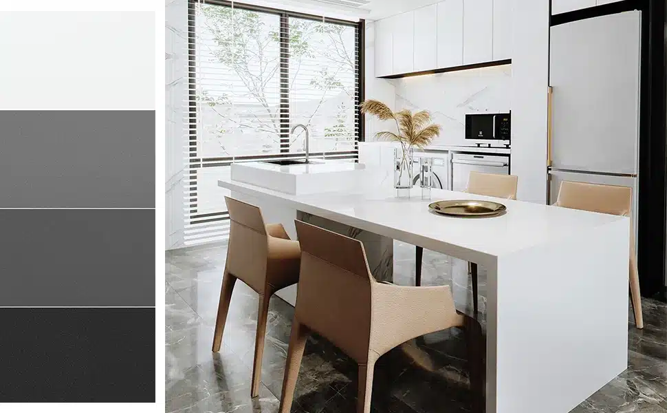 kaasaegne köök heledate ja tumedate toonidega, aknad ja minimalistlik mööbel