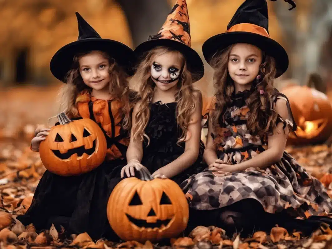 Halloweeni kostüümid lastele ja täiskasvanutele | E-pood Tootemaailm Kolm tüdrukut nõiamütsides koos kõrvitsatega sügisestes lehtedes