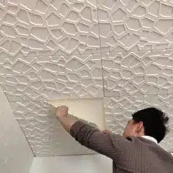 Üksikisik paigaldab 3D veekindlat lae- ja seinakleebist beeži geomeetrilise mustriga lakke.