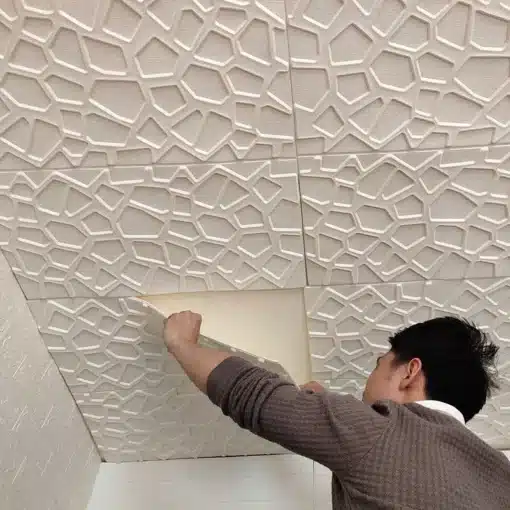 Üksikisik paigaldab 3D veekindlat lae- ja seinakleebist beeži geomeetrilise mustriga lakke.