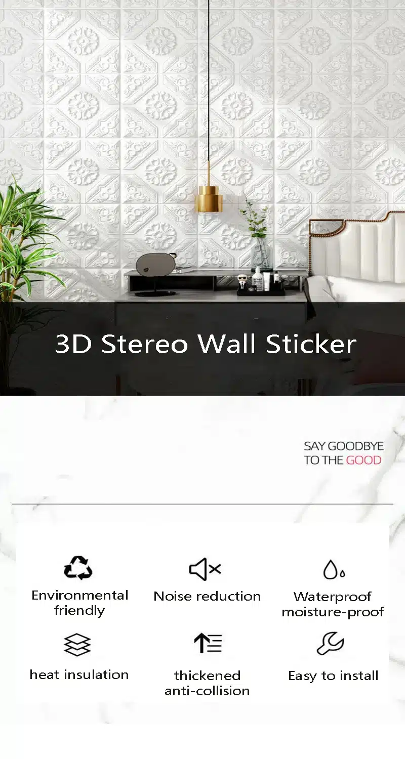 3D veekindlad lae- ja seinakleebised valge reljeefse mustriga seinal, elegantne sisekujundus koos modernse mööbli ja roheliste taimede ning kuldse rippvalgustiga.