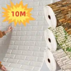Kolm erinevat rulli kvaliteetset iseliimuvat 3D telliskivi mustriga veekindlat tapeeti, mis on üksteise kõrval vertikaalselt paigutatud. Taustal paistab valge telliskivi mustriga tapeet, millele keegi kätt asetab. Pildil on tekst '10M'.
