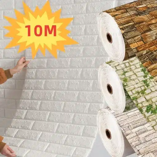 Kolm erinevat rulli kvaliteetset iseliimuvat 3D telliskivi mustriga veekindlat tapeeti, mis on üksteise kõrval vertikaalselt paigutatud. Taustal paistab valge telliskivi mustriga tapeet, millele keegi kätt asetab. Pildil on tekst '10M'.