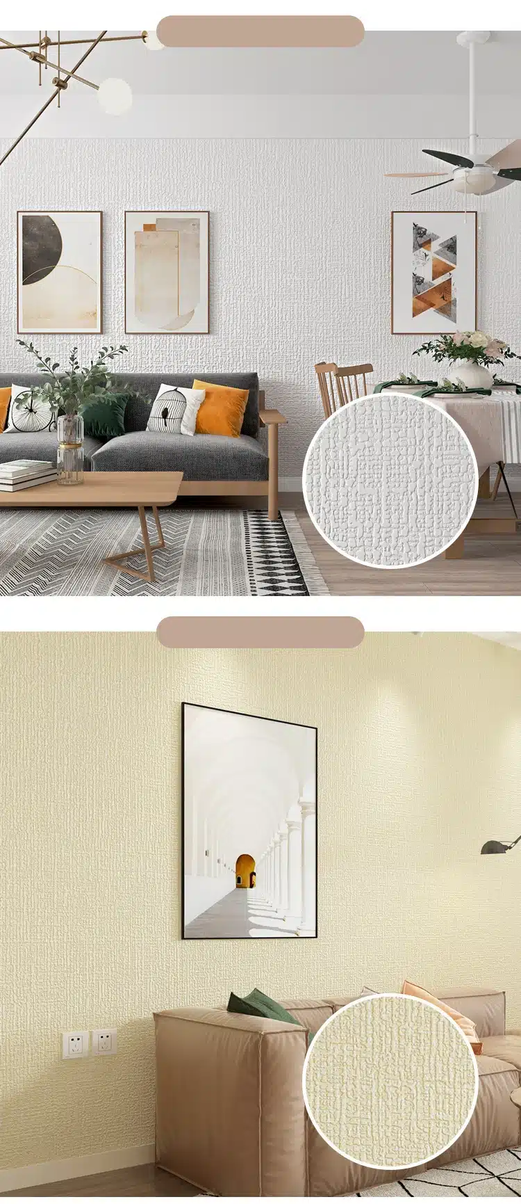 Elegantne elutuba, kus seina katab linane 3D tekstuuriga iseliimuv paks tapeet. Tapeet on valget ja beeži värvi, pakkudes ruumilise ja pehme tunde. Kujunduses on kaasaegsed kunstiteosed, hall diivan värviliste patjadega ja elegantne puidust kohvilaud, millel on lillevaas.