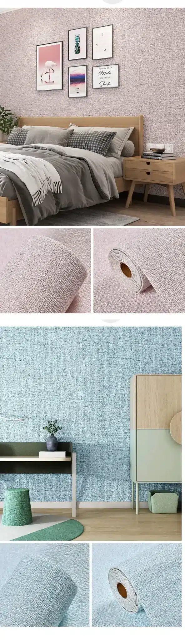 Linane 3D tekstuuriga iseliimuv paks tapeet, mis katab magamistoa seina. Tapeedi detailne tekstuur loob sügavuse mulje ning selle pehme pastellroosa varjund lisab soojust ja hubasust. Tapeedirull on perfoksiooniks siledale ja puhtale pinnale kleepitav, sobides suurepäraselt modernsesse sisekujundusse.