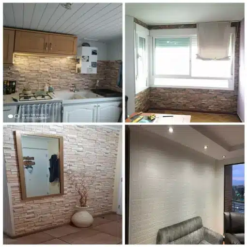 Mitu tuba, mille seinad on kaetud veekindlate telliskivimustriga iseliimuvate PVC seinapaneelidega, luues autentse ja elegantse välimuse. Paneelid on erinevates ruumides, sealhulgas köögis ja elutoas, näidates nende mitmekülgsust ja lihtsat paigaldust siledale pinnale.