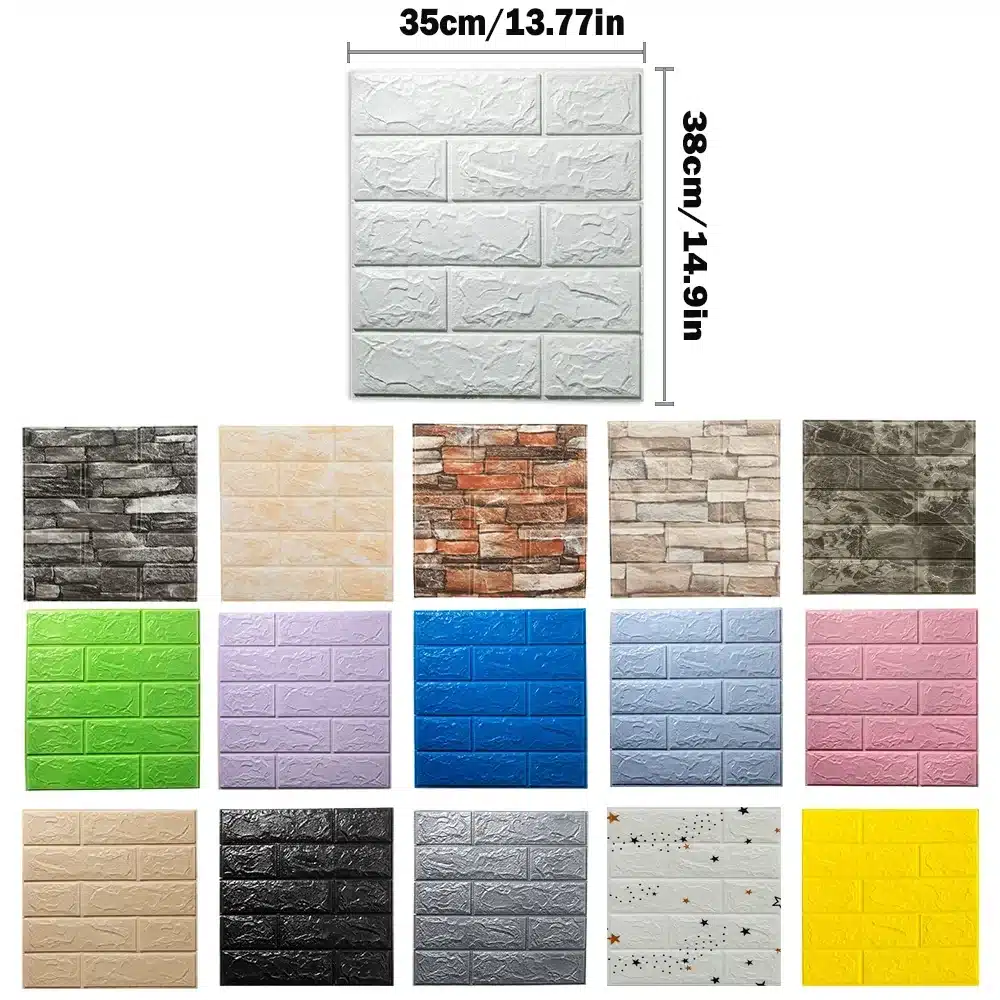 Mitmevärvilised veekindlad telliskivimustriga iseliimuvad PVC seinapaneelid erinevatel taustadel. Iga paneel mõõtudega 35x38 cm, esitledes tekstuurset telliskivimustrit.