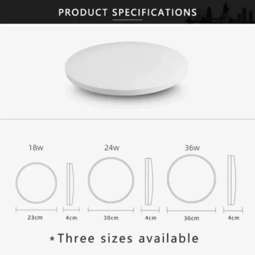 Soodsad ja ökonoomsed vee- ja tolmukindlad LED laelambid | E-pood Tootemaailm Soodsad ja ökonoomsed vee- ja tolmukindlad LED laelambid, näidatud kolmes suuruses: 18W 23cm, 24W 30cm ja 36W 36cm, valge värvusega ja sileda pinnaga, mis sobivad igasse interjööri.