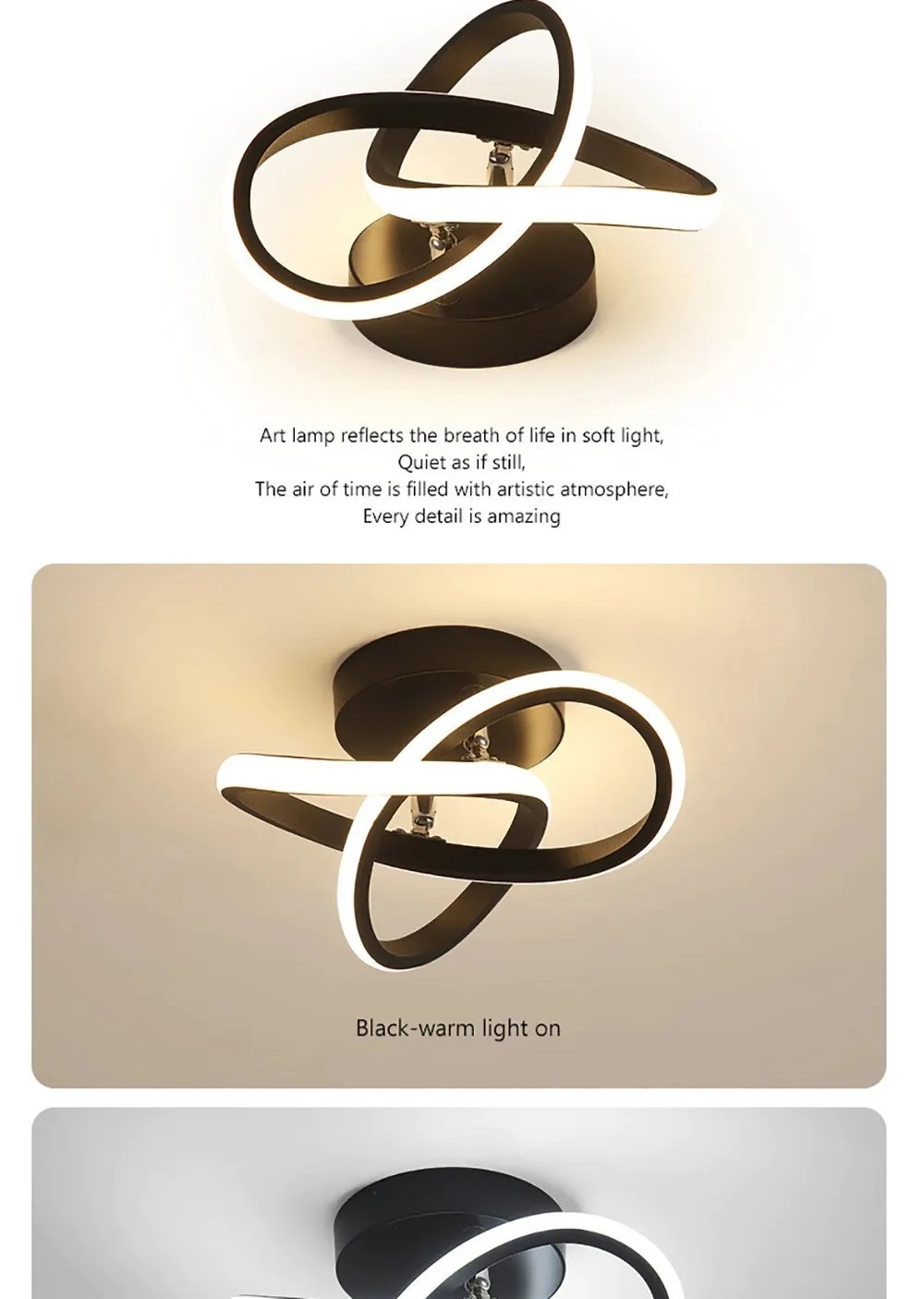 Kaasaegne minimalistlik LED laevalgusti musta värvi, mis koosneb kahest põimuvast valgustatud ribast. Valgusti laest kiirgav soe valgus loob pehme ja hubase atmosfääri heledal taustal.