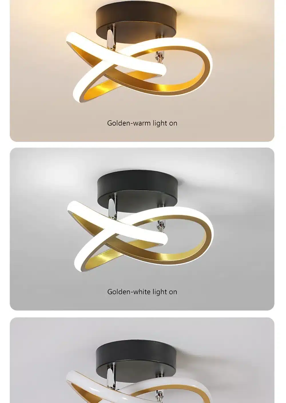 Kolm minimalistlikku LED laevalgustit, millel on kuldsed ja valged valgusketid ning mustad laeplaadid. Moodsad nooled ristuvad elegantselt, luues stiilsete värvitoonidega modernse ja soodsa dekoratiivlahenduse.