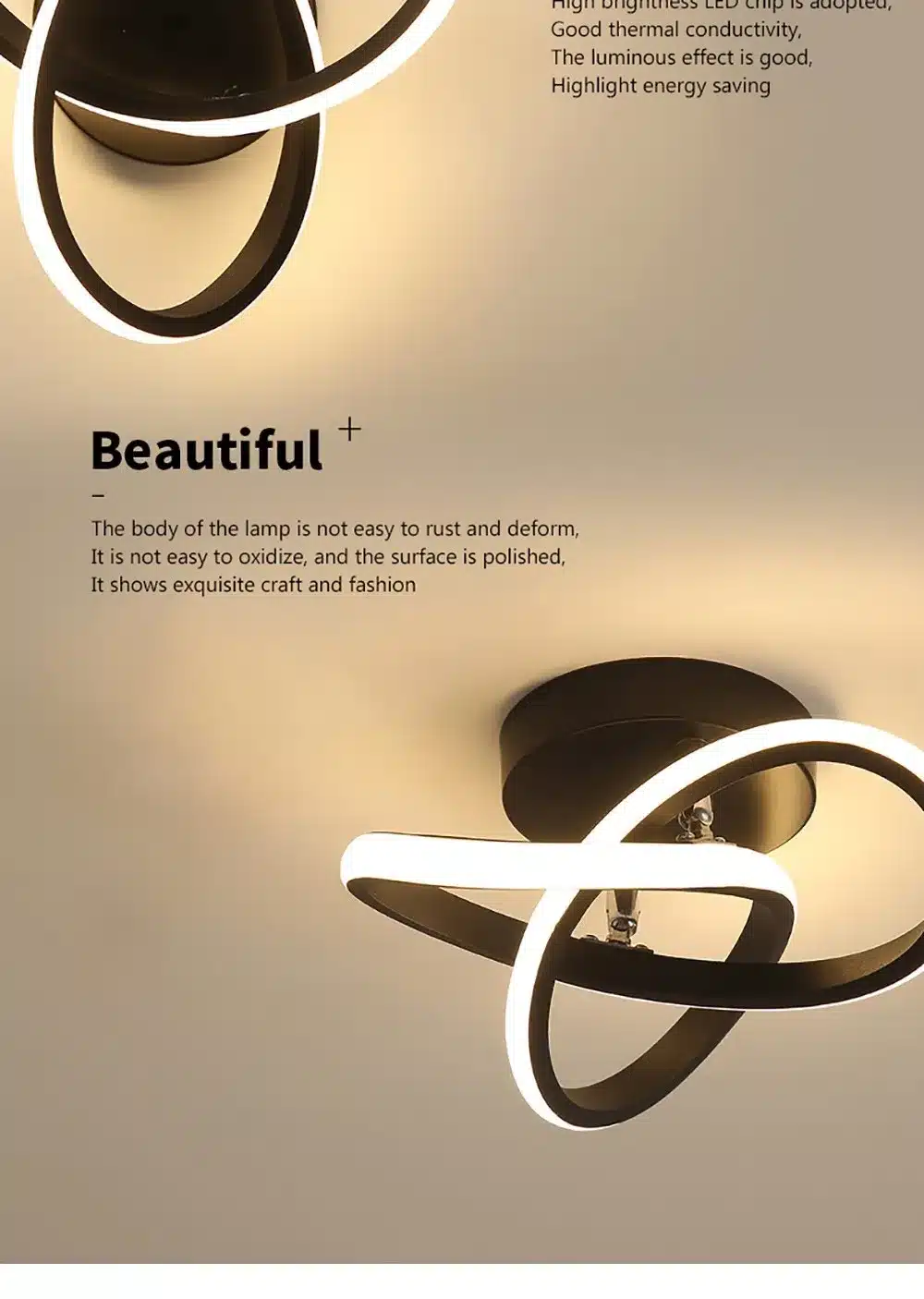 Moodsa ja soodsa minimalistliku LED laevalgusti disain metallkorpusega, valge ja must LED riba, hele seinataust, esiletõstetud energiasäästlikkus.