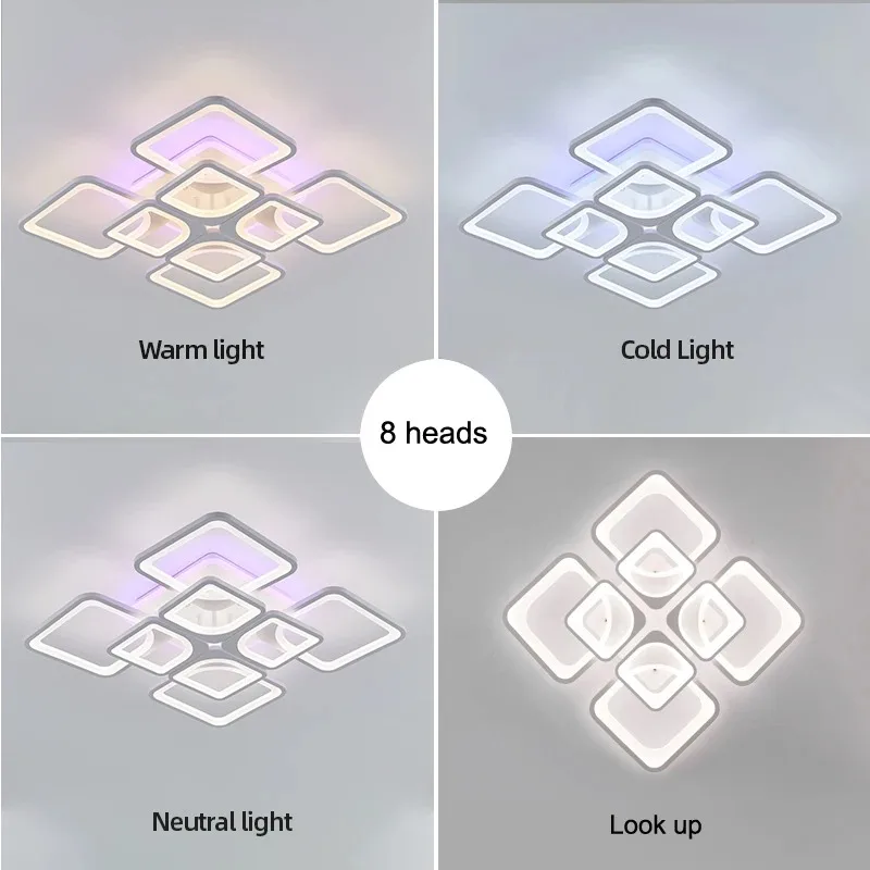 Nutikas reguleeritav LED laelamp äpi ja puldiga, näidates nelja erinevat valgustust: soe valgus, külm valgus, neutraalne valgus ja laelampi altvaates vaade. Lamp koosneb kaheksast valgustipeast ning on paigaldatud heledale taustale.