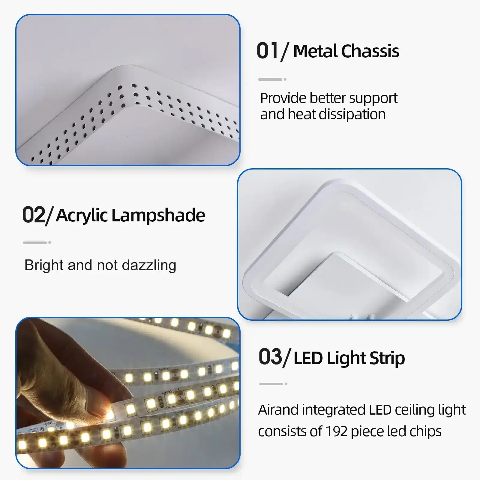 Nutika reguleeritava LED laelambi detailid, sealhulgas metallist korpusega šassii, akrüülist lambivari ja LED valgustripp heledas keskkonnas. Materjalide kvaliteetne viimistlus tagab vastupidavuse ja elegantse välimuse.