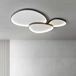 Kolm ringikujulist moodsat LED laelampi, mis on paigutatud halli toa lakke, loovad sooja ja kaasaegse atmosfääri. Laelambid sobivad suurepäraselt elutuppa ja söögituppa.