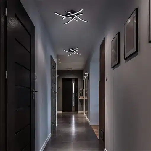 Kaasaegses koridoris on paigaldatud moodsad ja ökonoomsed LED valgustid, mis eraldavad pehmet, hajutatud valgust hallidele seintele. Valgustid loovad stiilse ja energiasäästliku atmosfääri.