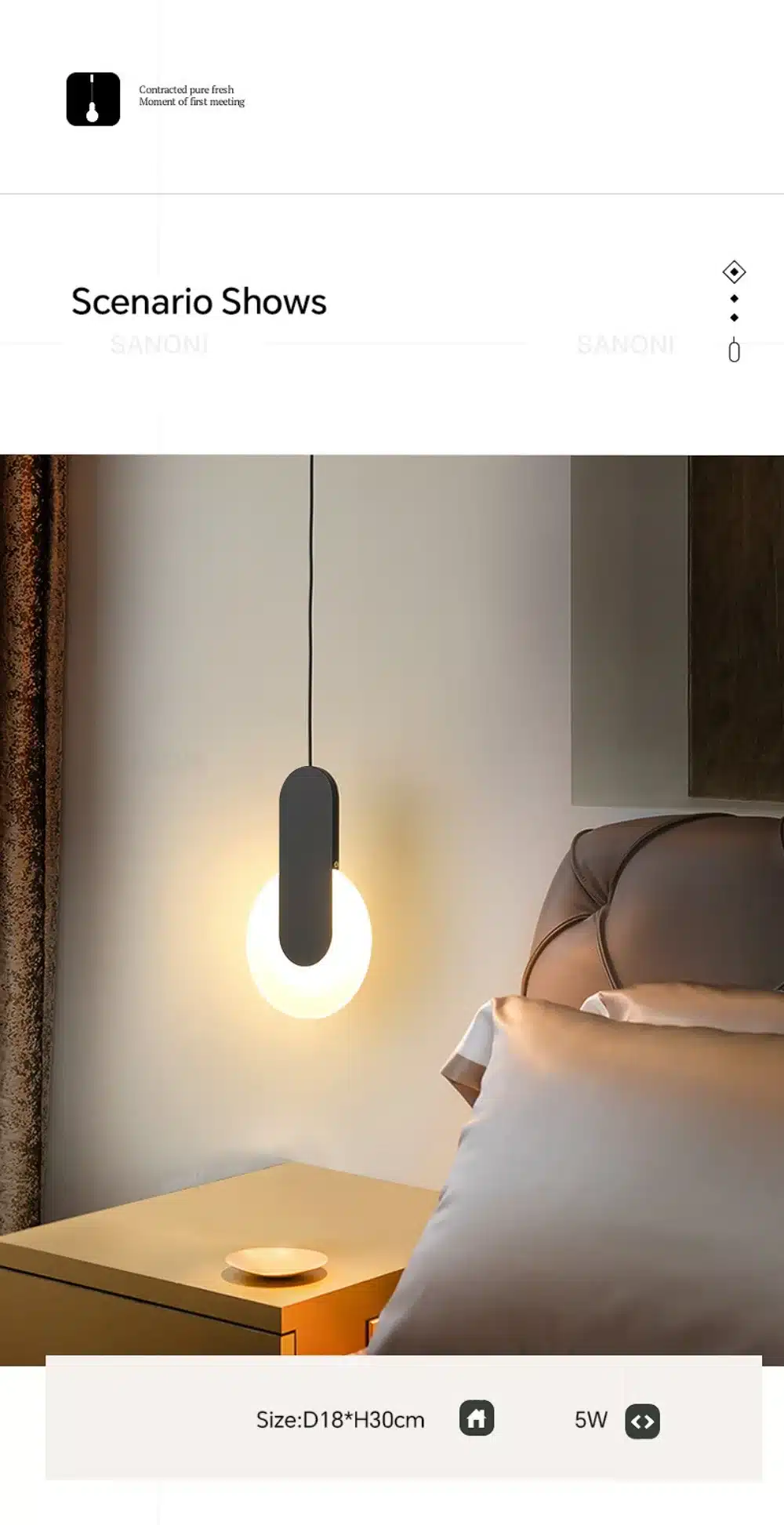 Elegantne LED disainvalgusti rippumas neutraalsel taustal, andes sooja valguse hubasesse toanurka. Valgusti on disainitud kaasaegse ja minimalistliku stiiliga, täiendades täiuslikult magamistoa atmosfääri.