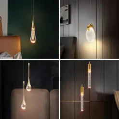 Neli modernset disainiga rippvalgustit erinevates keskkondades – kuldsete detailidega LED-valgustid tumedal seinataustal, pakkudes stiilset ja energiasäästlikku sisevalgustust.