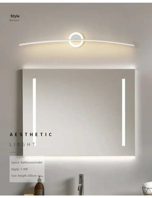 Moodsad disain LED seinalambid minimalistlikus vannitoas, valge valgusega peegli kohal, halli seina taustal.