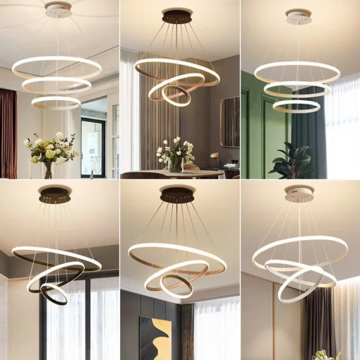 Elegantne valge ja kuldne Eksklusiivne LED elutoa rippvalgusti minimalistlikul interior taustal, rõhutades õhulisi ringe ja kaasaegset disaini. Heledad seinad ja kardinad loovad luksusliku atmosfääri.