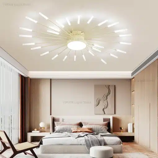 Moodne ja nutikas dimmertatav LED laelühter valgustab maitsekalt sisustatud magamistuba, kus heledad puidust seinapaneelid ja minimalistlik mööbel loovad rahuliku atmosfääri.