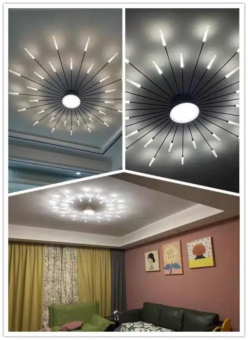 Moodne ja nutikas dimmertatav LED laelühter, millel on elegantsed mustad kiired ja valged LED-torud avaras elutoas. Laelühter paistab silma oma funktsionaalsuse ja stiiliga, pakkudes nii hubast valgust kui ka kaasaegset disaini.