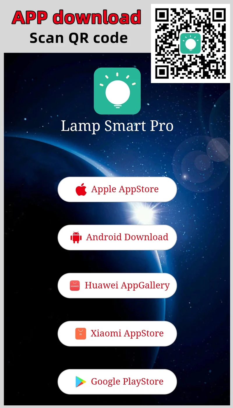 Kuvapilt, mis kujutab rakenduse Lamp Smart Pro allalaadimisvõimalusi mitmesuguste platvormide jaoks. Taustal on sinaka tooniga kosmos, millel on nähtav QR-kood ja rakenduse ikoon.