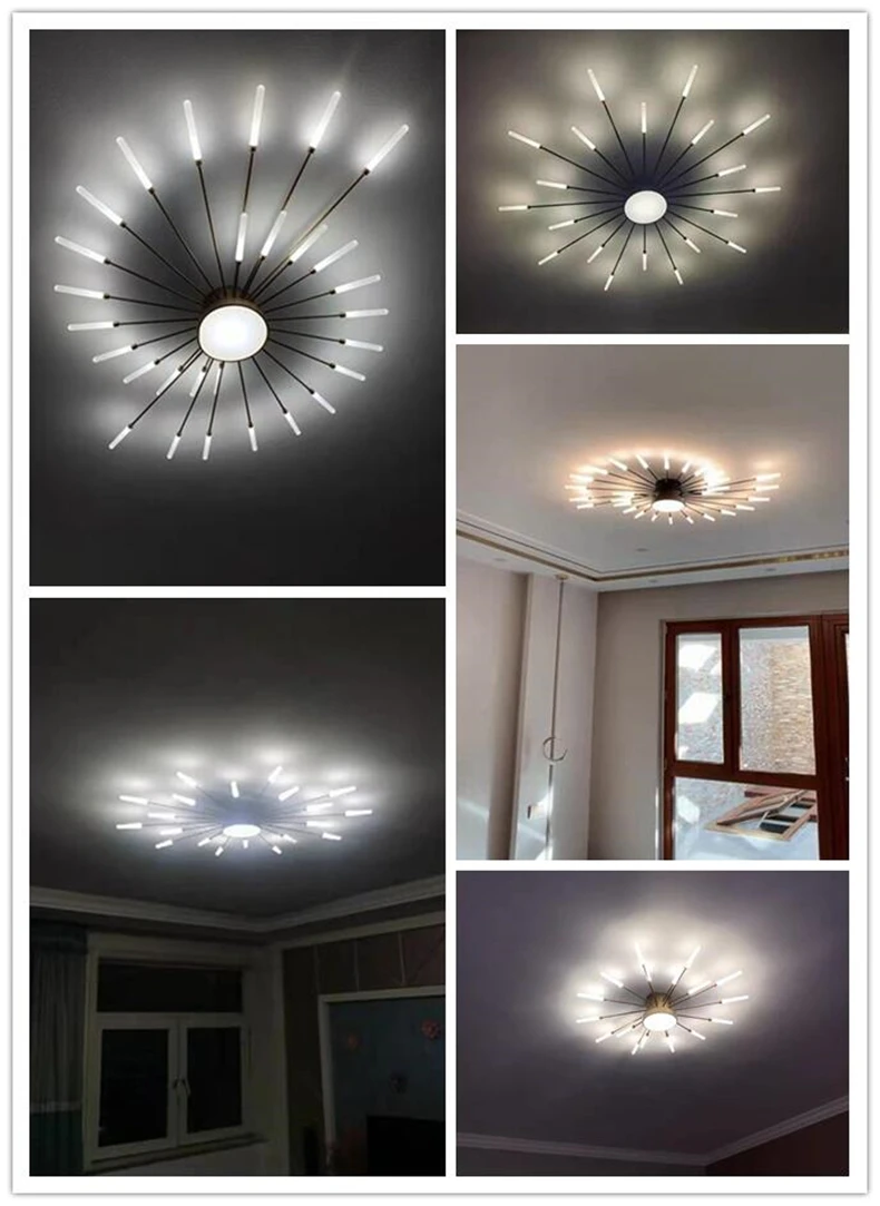 Moodne ja nutikas dimmertatav LED laelühter, millel on mustad metallraamid ja säravad, eredalt valgust kiirgavad LED-tuled, kujundatud keeruka mustrita, paigaldatud kaasaegse interjööriga ruumidesse.