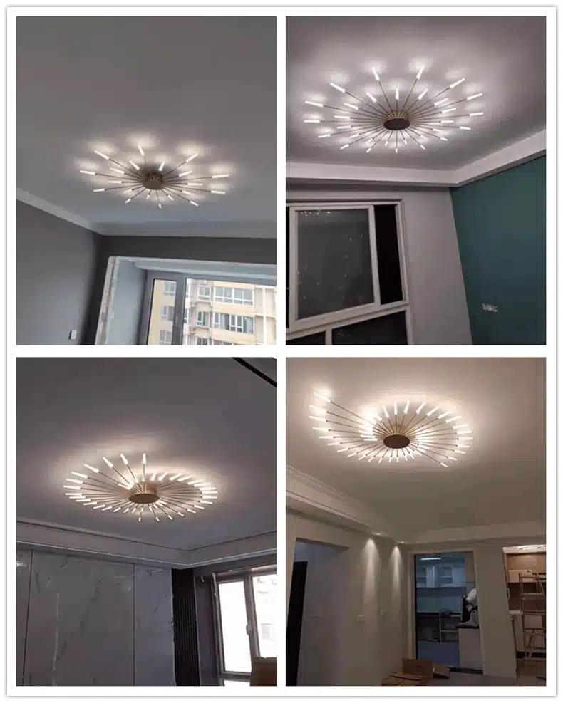 Moodne ja nutikas dimmertatav LED laelühter toob ruumi elegantsi, kombineerides metallikpronksi viimistluse ja külma valge valguse kaasaegse disainiga, paigaldatud kõrgelt üle pilkupüüdva elutoa interjööri.
