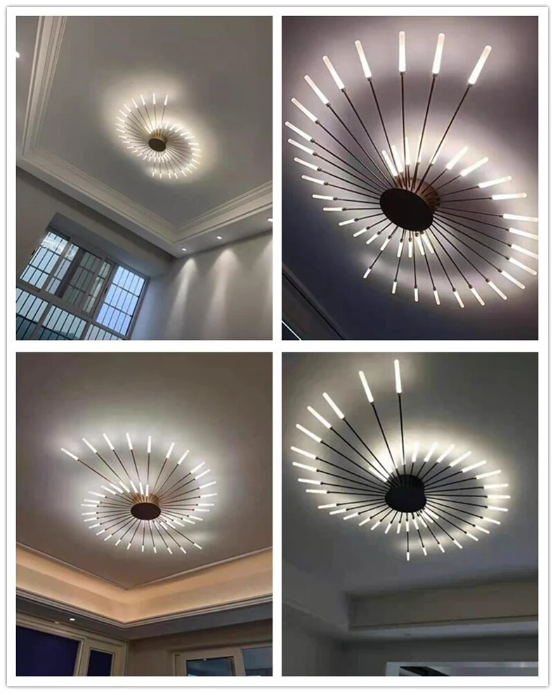 Moodne ja nutikas dimmertatav LED laelühter heledas toas, disainilt kiirgust meenutavate metallvarraste ja õrna valgusega, mis loob elegantse ja kaasaegse atmosfääri.