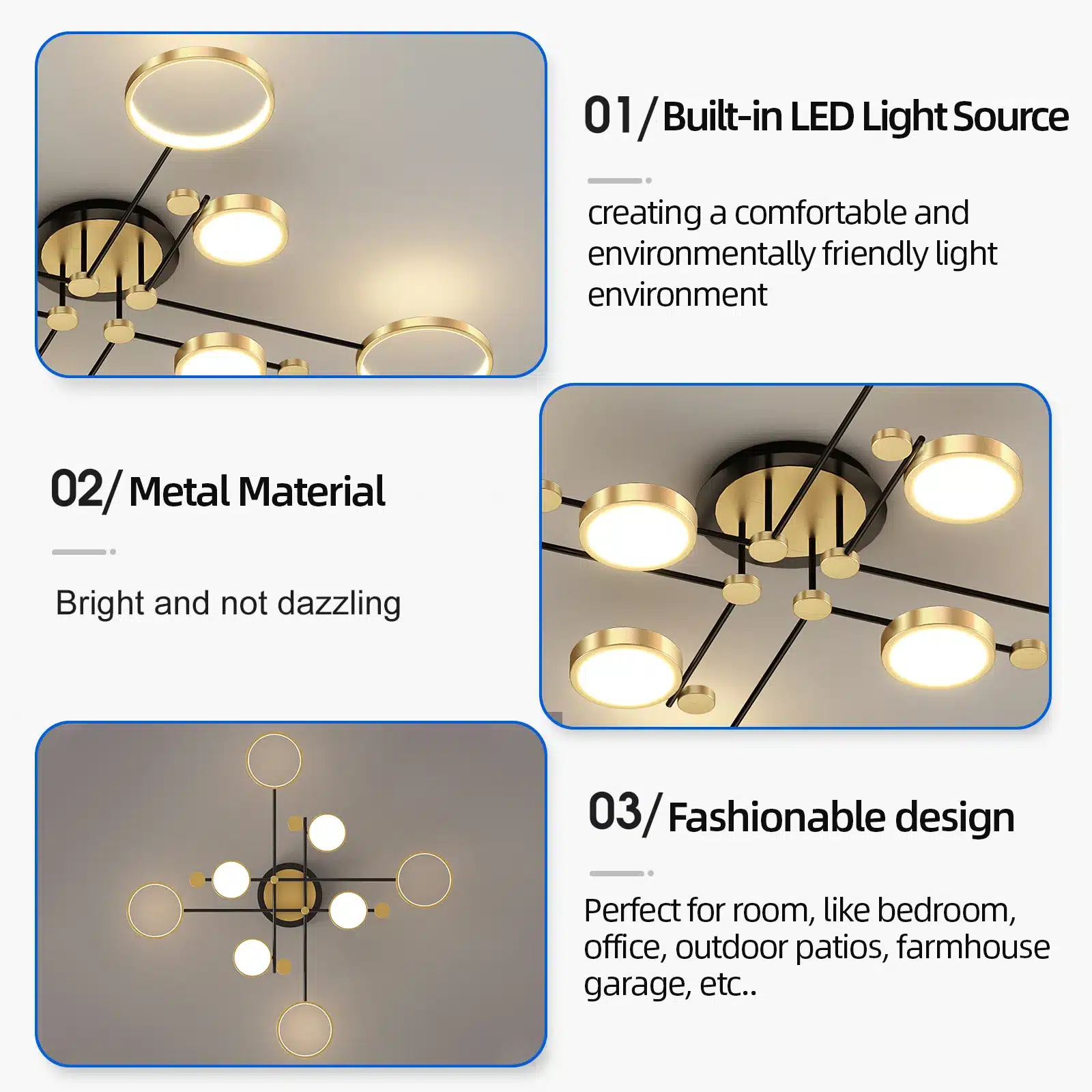 Ilus ja energiasäästlik puldiga lühter, millel on sisse-ehitatud LED valgusallikad ja elegantne metallist disain. Valgusallikad on kuldset värvi ja kinnitatud mustale raamile, sobides hästi moodsa interjööriga ruumi.