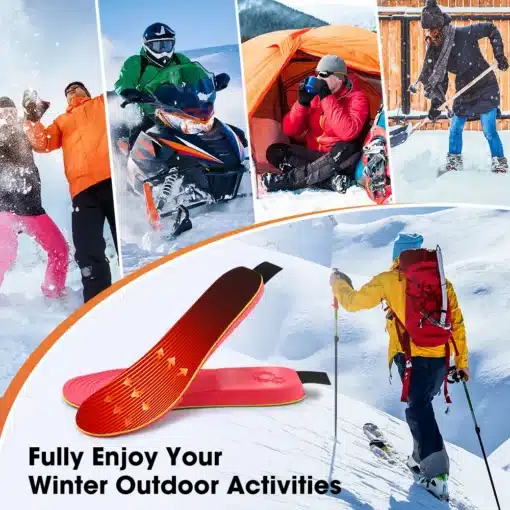 Elektrilised soojendusega sisetallad | E-pood Tootemaailm Elektrilised soojendusega sisetallad lumises looduses, talvised tegevused nagu suusatamine, mootorsaanisõit ja telkimine, punase ja musta värviga sisetallad esiplaanil.