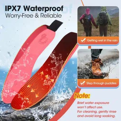 Elektrilised soojendusega sisetallad | E-pood Tootemaailm Elektropunase ja musta värvi elektrilised soojendusega sisetallad pritsme- ja veekindlas keskkonnas. Lähedal pildid vihmakindlatest jalatsitest ja matkajatest vihmases maastikus.