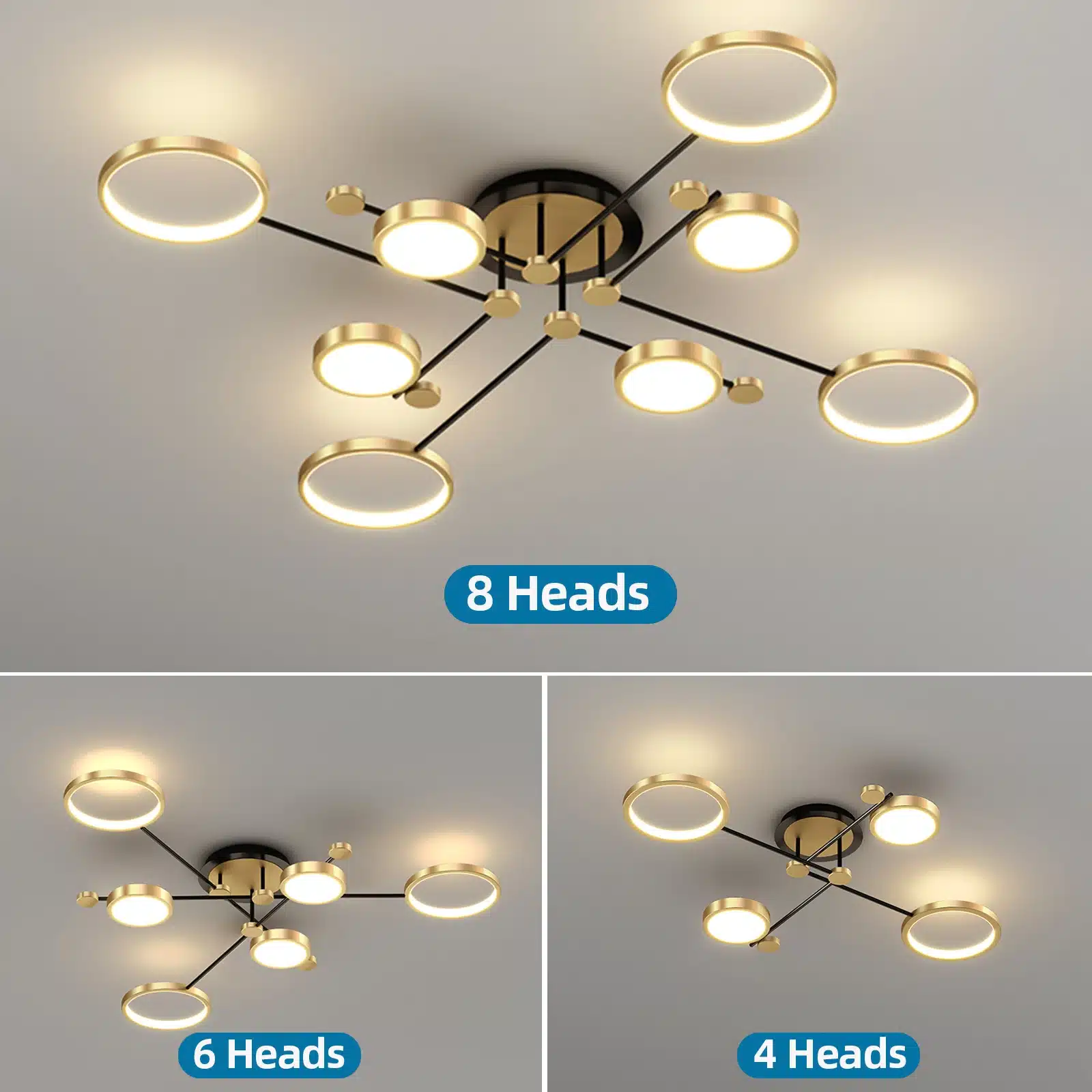 Kolm Luksuslikku puldiga LED laelampi, millel on elegantne kuldne viimistlus ja kaasaegne disain. Esiplaanil on kaheksa valgustuspeaga lamp, mille keskmes on musta värvi alus, sobides ideaalselt igasse ruumi kaasaegse atmosfääri loomiseks. Taustal näha kuue ja nelja valgustuspeaga variatsioonid, pakkudes valikuvõimalusi erineva suurusega ruumidesse.