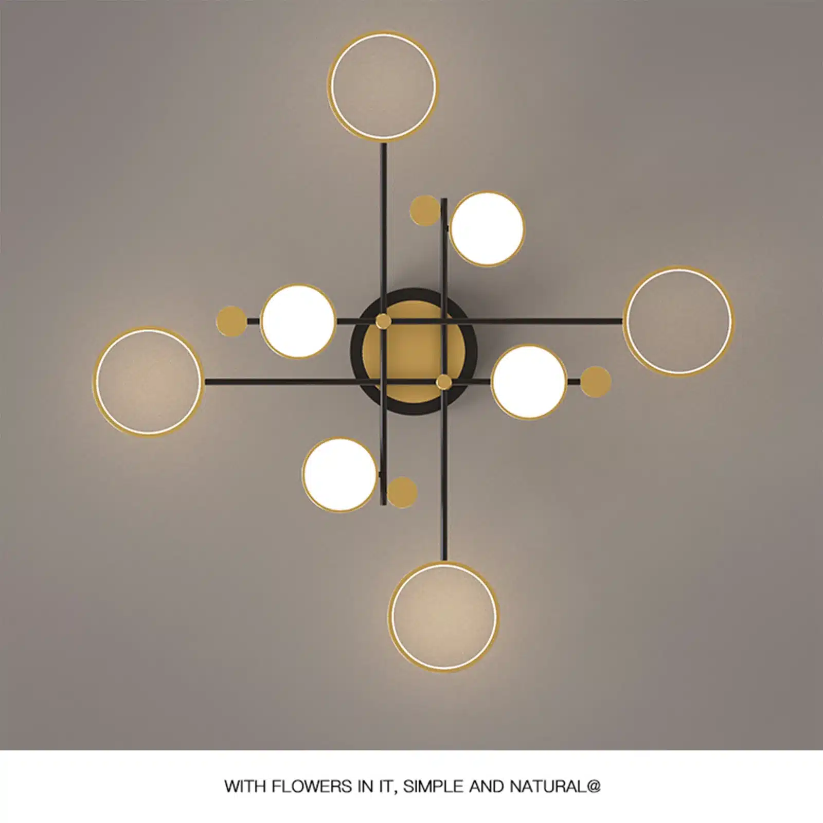 Luksuslik puldiga LED laelamp, kaasaegse geomeetrilise disainiga, mustad metallist jooned ja ringikujulised valgusallikad sooja valge valgusega, hall taust.