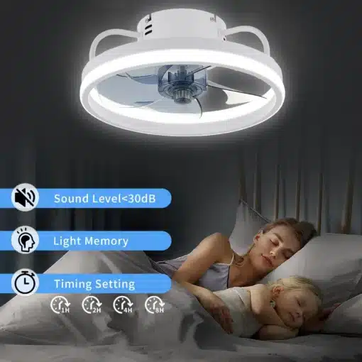 Energiasäästlik LED valgustiga laeventilaator valgustab rahulikult magamistuba, kus ema ja laps magavad. Valge ventilaator on disainitud hämaras toas, pakkudes vaikset õhuringlust ja pehmet valgustust.