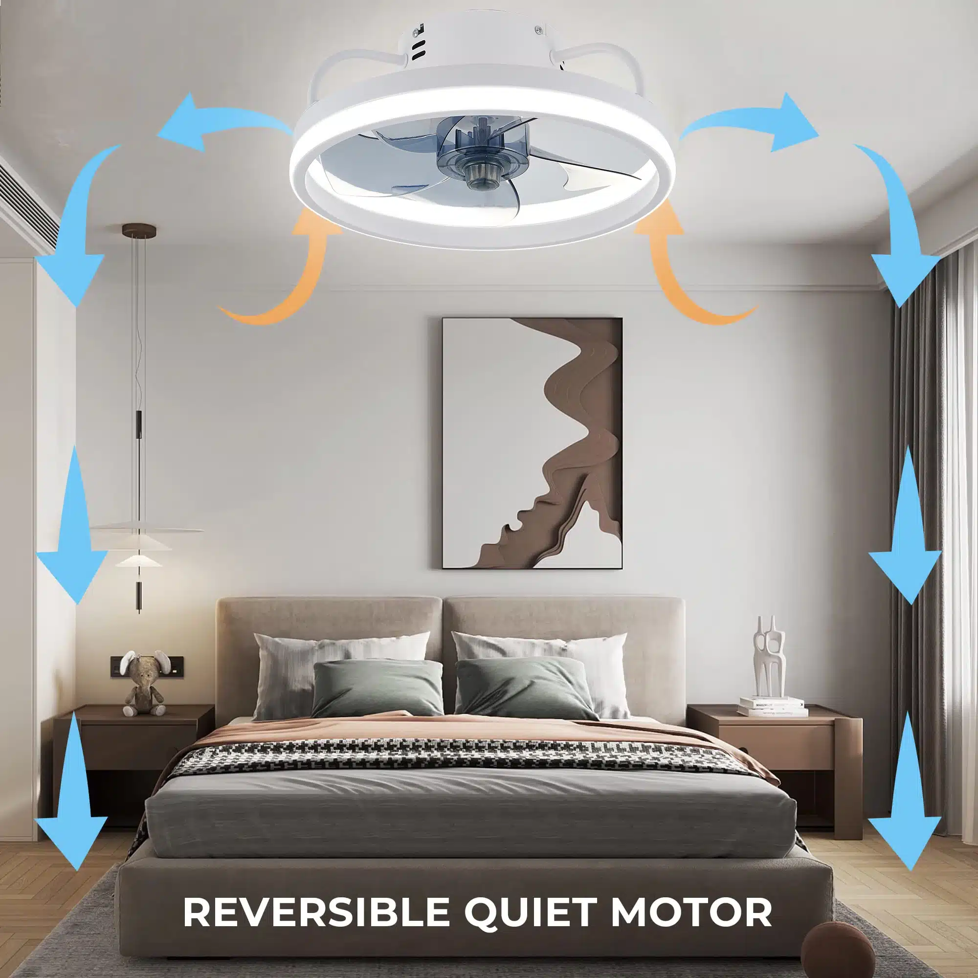 Stiilne energiasäästlik LED valgustiga laeventilaator kaasaegses magamistoas, mille taustal on minimalistlik sisustus ja neutraalsed värvitoonid. Valge laeventilaator koos reguleeritavate LED tuledega pakub tõhusat õhu liikumist ja valgustust.