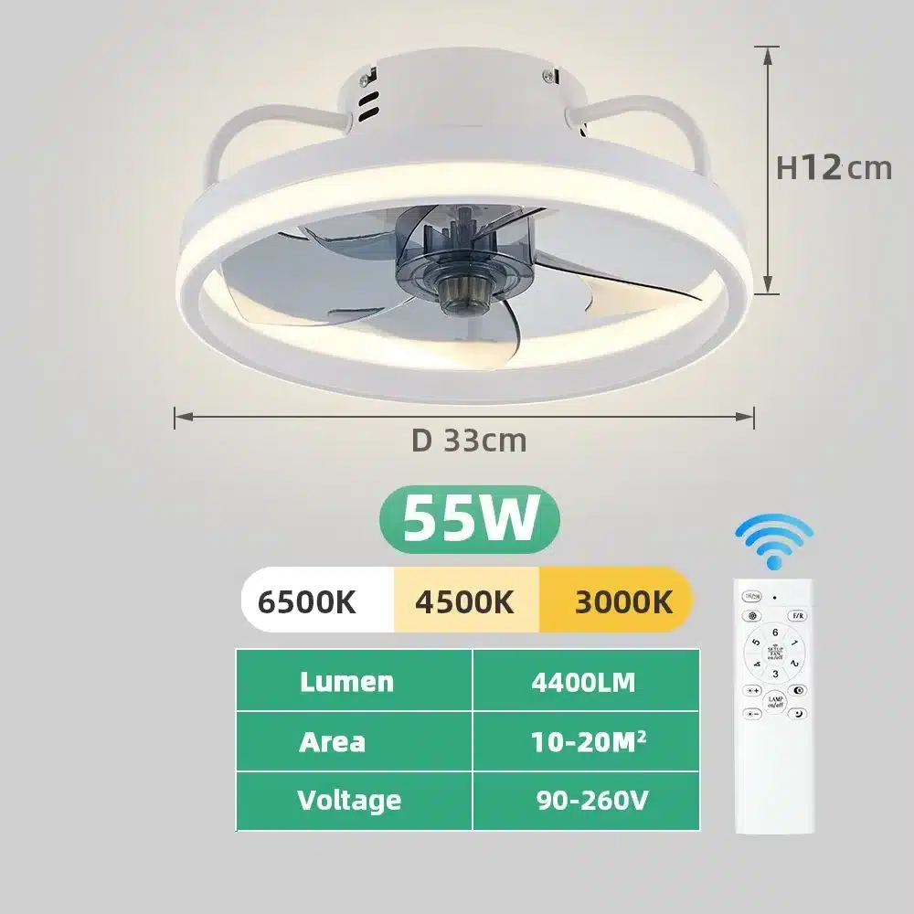 Energiasäästlik LED valgustiga laeventilaator, millel on valge korpus, õrnalt helendav LED-rõngas ja selge labade alaosa. Komplektis kaugjuhtimispult ja näidatud tehnilised näitajad, sealhulgas 55W, mitmevärviline temperatuurivahemik ja 4400 lumenit valgusvoog.