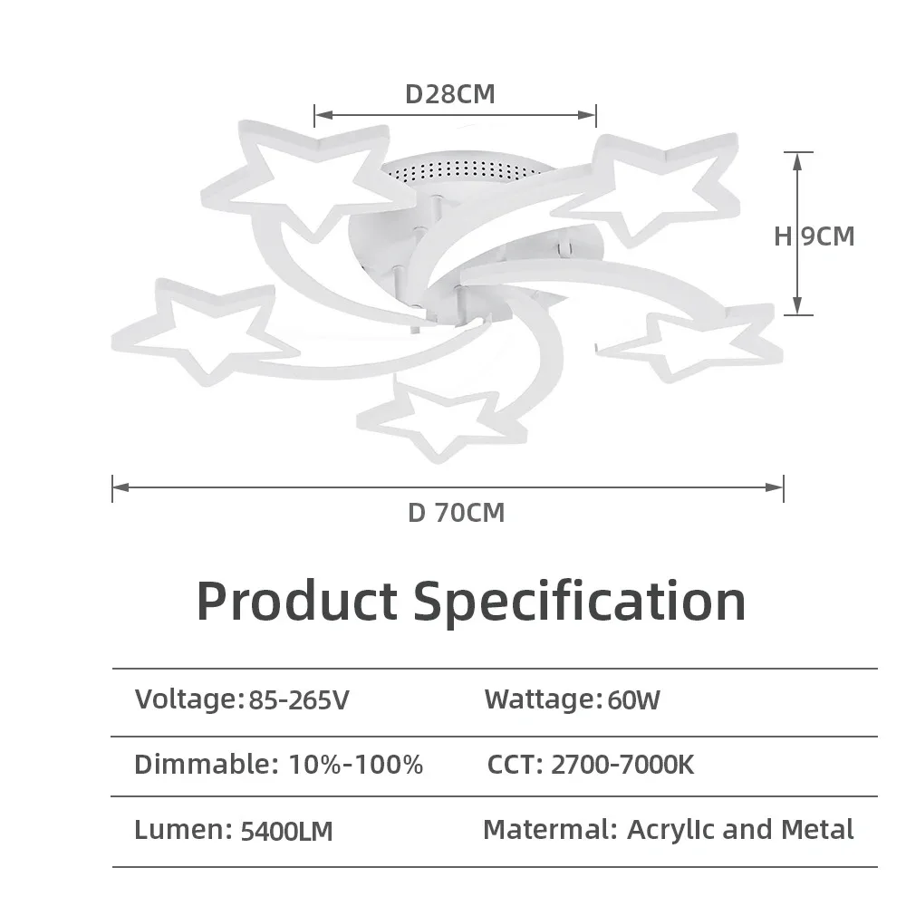 Valge tähekujulise LED laelamp koosneb akrüülist ja metallist, säravate tähtede ja kumerate joontega, mis ulatuvad lakke. Lampi ümbritsev neutraalne ruum toob esile selle stiilse ja kaasaegse disaini.