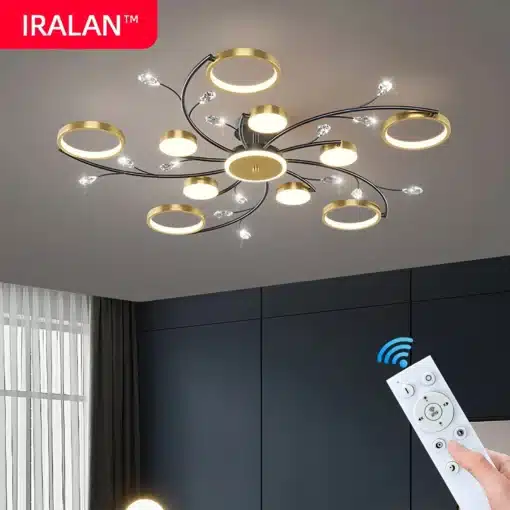 Moodne puldiga laelamp kaunistab elutoa või magamistoa, olles kuldse viimistlusega ja mitme LED-ringiga, mis tagavad elegantse ja kaasaegse valgustuse. Käsipuldi abil on lambi funktsioone lihtne reguleerida.