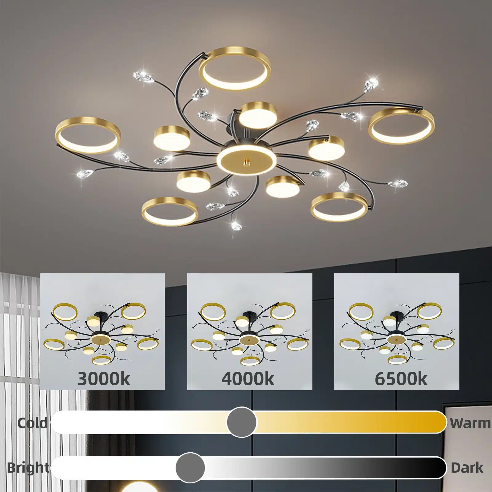 Moodne puldiga laelamp elutuppa või magamistuppa, mustal metallkonstruktsioonil kuldsed ringjad LED-tuled heledal taustal, kohandatava soojustemperatuuriga vahemikus 3000K kuni 6500K.