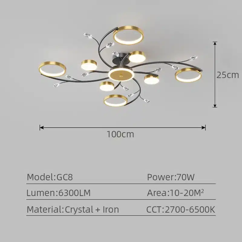 Moodne puldiga laelamp elutuppa või magamistuppa, LED valgustitega ja kristallidest lisanditega, hõbedased ja kuldsed viimistlusrõngad, hall taust.