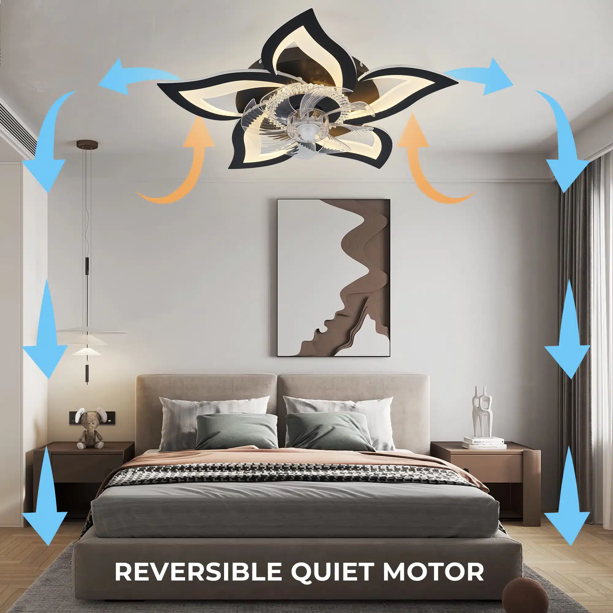 Tänapäevases magamistoas ripub lagi elegantne Ilus LED laeventilaator kaugjuhtimispuldiga. Ventilaatoril on lilleline disain ja LED-tuled, mis loovad pehme valguse. Ümber ventilaatori on nooled, mis näitavad õhuvoolu suunda.