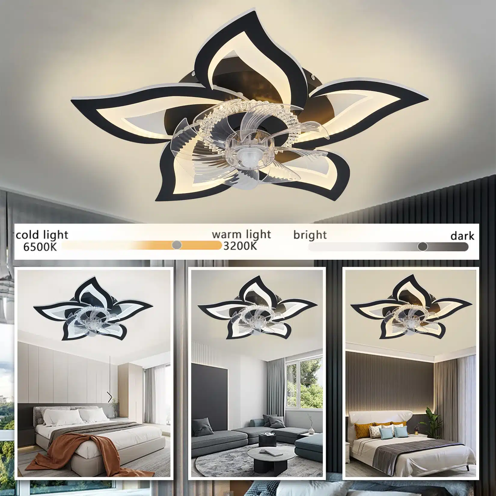 Ilus LED laeventilaator kaugjuhtimispuldiga, millel on musta ja valge tooniga lilledest inspireeritud disain. Pildil on näha ventilaator mitmes erinevas toas, pakkudes erinevat valguse intensiivsust külmast 6500K kuni soojani 3200K kaasaegses sisekujunduses.