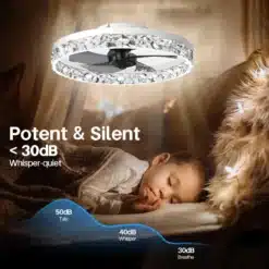 LED valgustusega ventilaator lakke magamistoa lakke paigaldatud, pakkudes õrna valgust ja vaikset jahutust. Pilt näitab last, kes magab rahulikult pehme valguse ja ventilaatori vaikse töö saatel.
